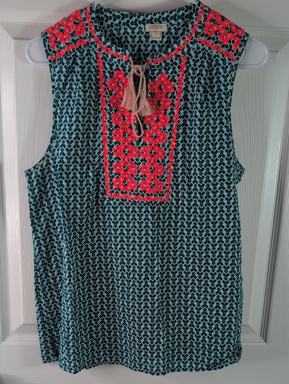J. Crew Teal Geometric Sleeveless Camisole with Coral Embroidered Yoke Size 10